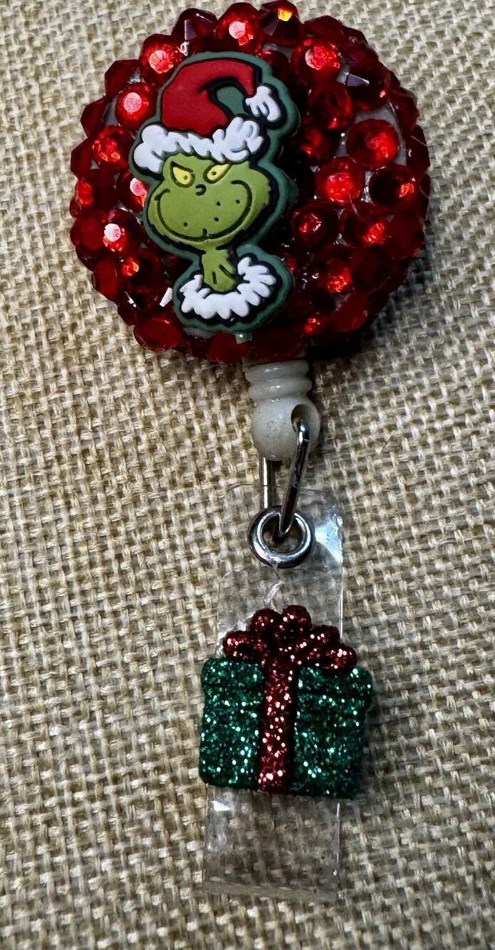 Grinch On Red Rinestone Retractable Badge Reel ID Holder Handmade